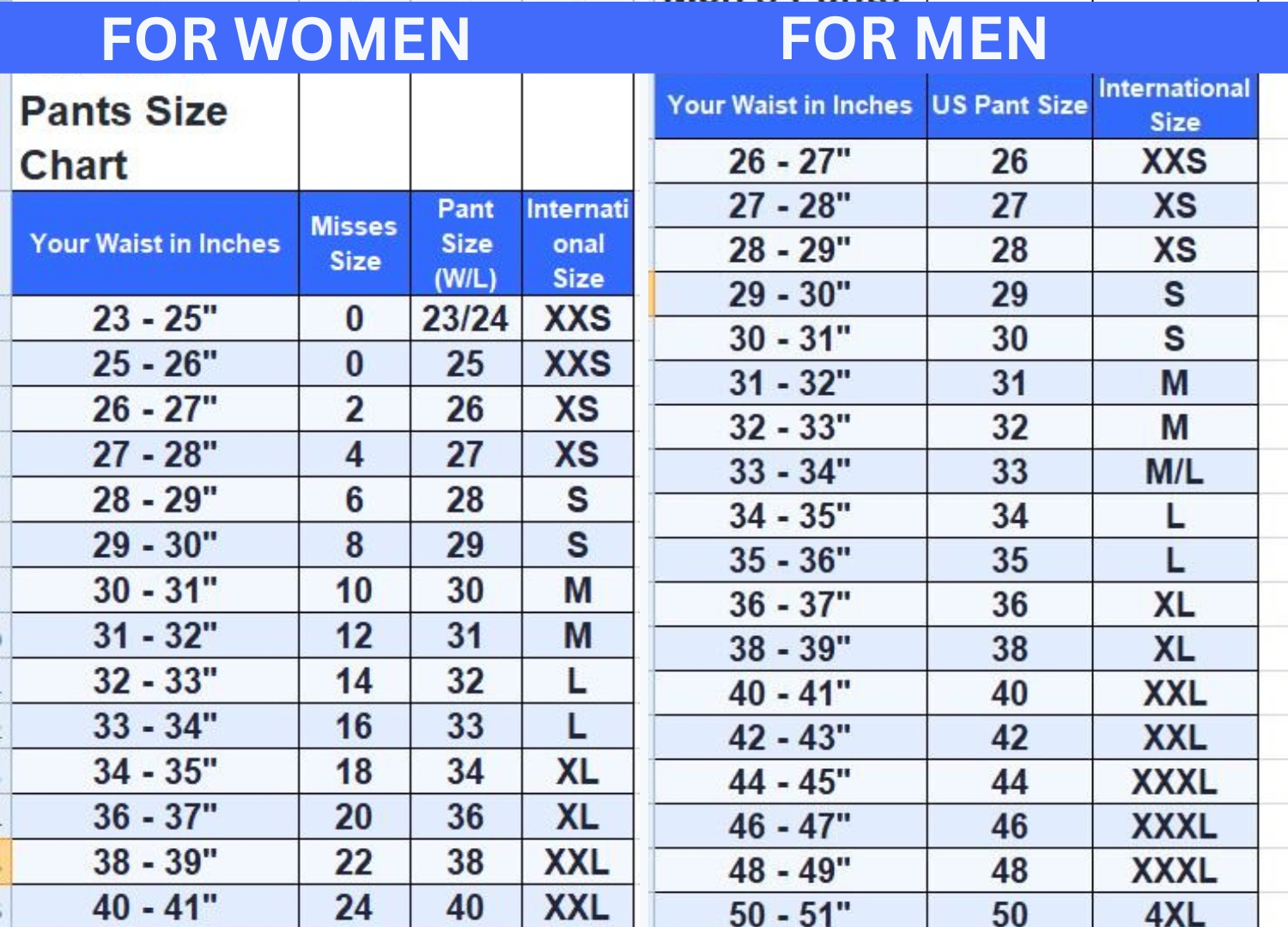 size chart for women pants